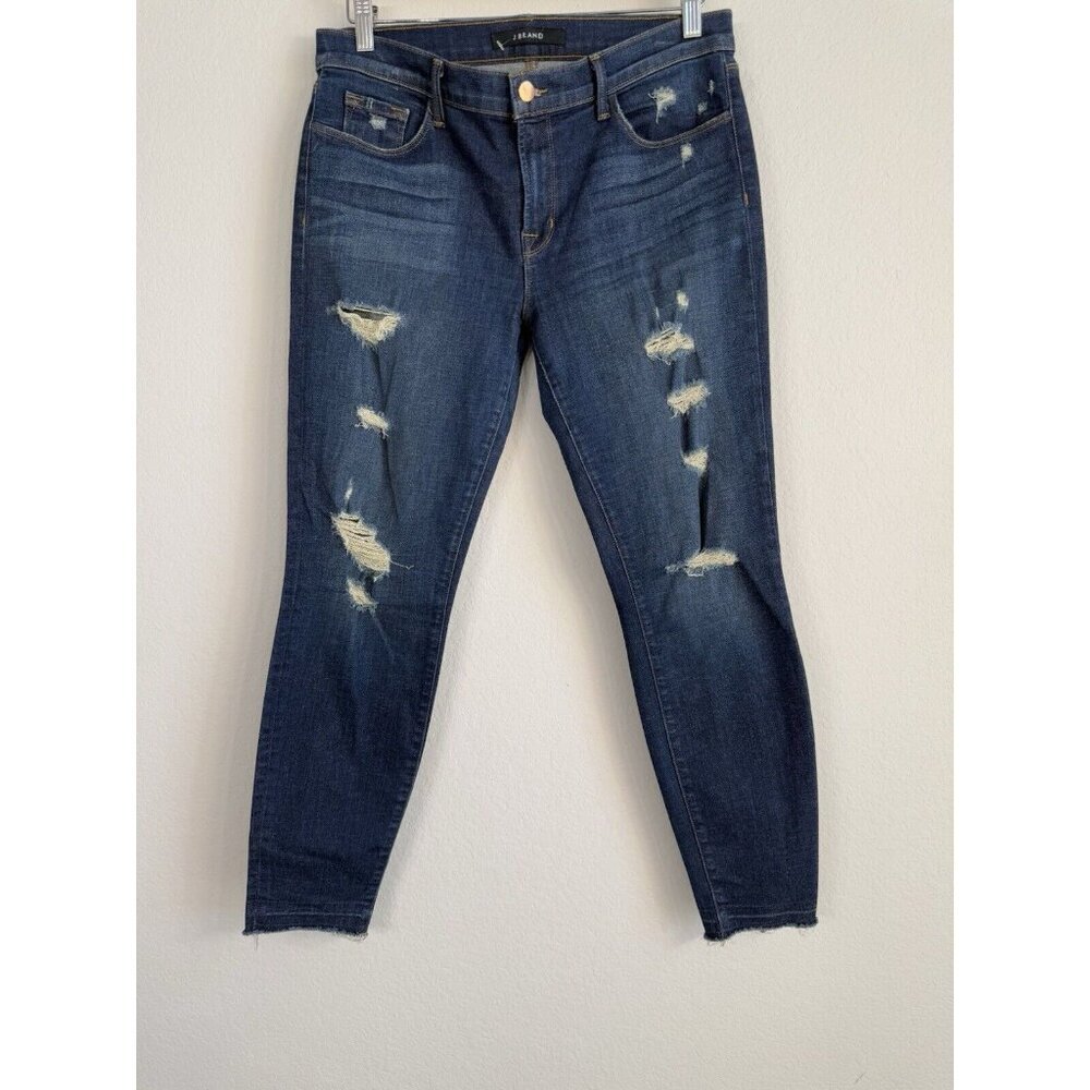 J Brand Cropped Jeans Women's 31 Blue Demen‎ Trou Mid Rise Dark Wash Distressed